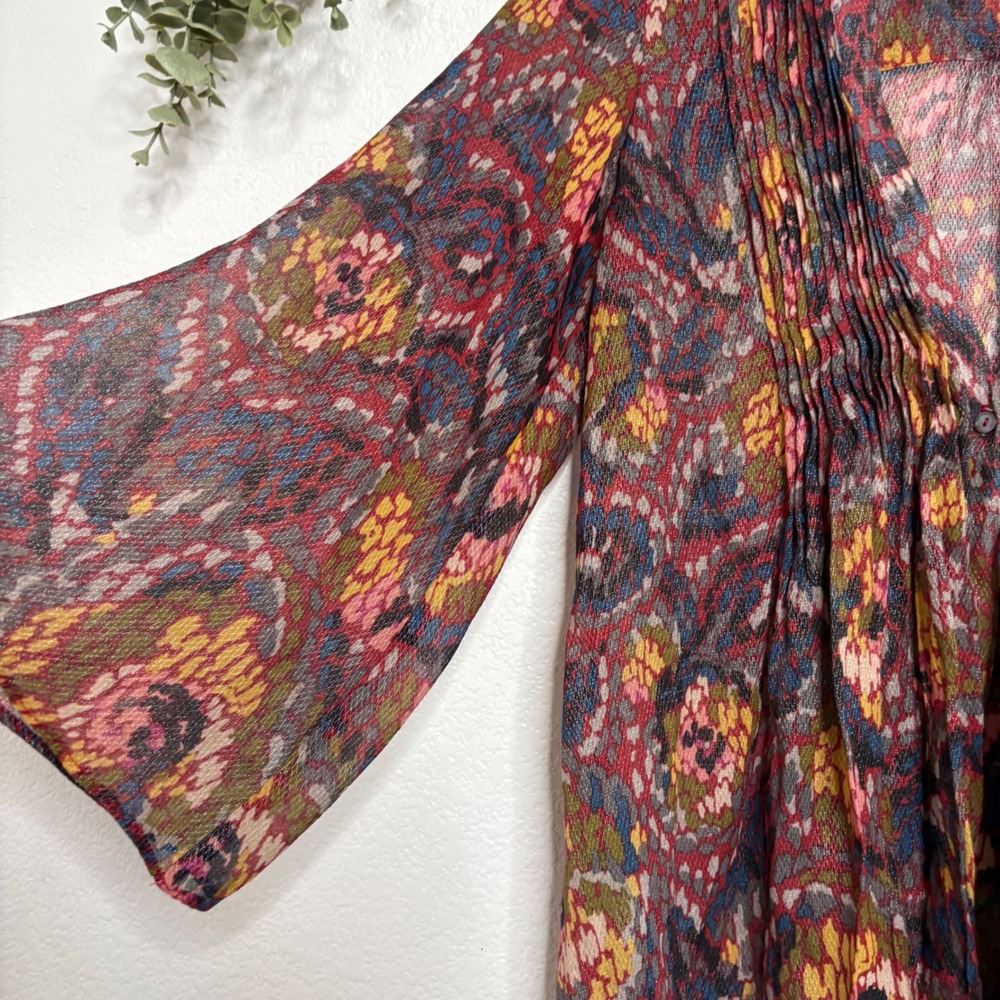 Elizabeth and James Silk Metallic Paisley V-Neck Bell Sleeve Blouse Small Multi - Picture 4 of 8